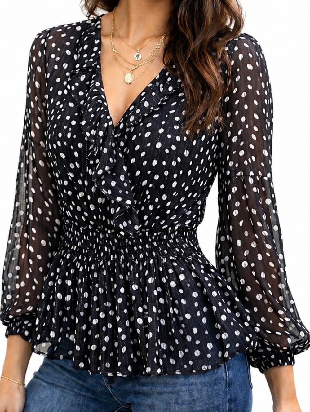 Emaline Petite Large Black Polka Dot Blouse Ruffle Smocked Peplum Sheer Metallic - Picture 14 of 14